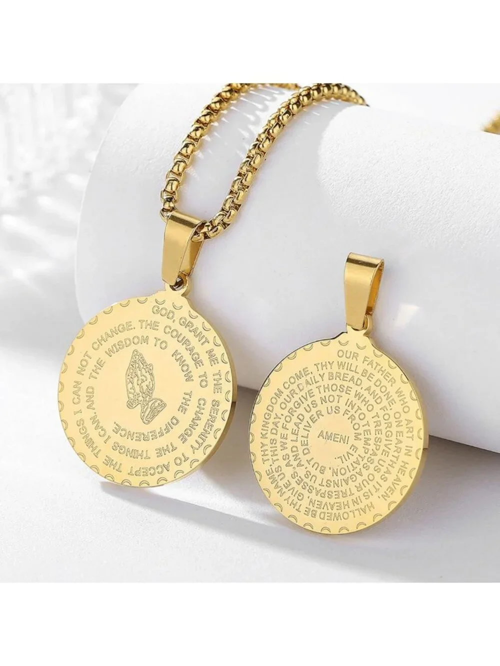 Stainless Steel Serenity Prayer Necklace with Praying Hands Coin Pendant for All
